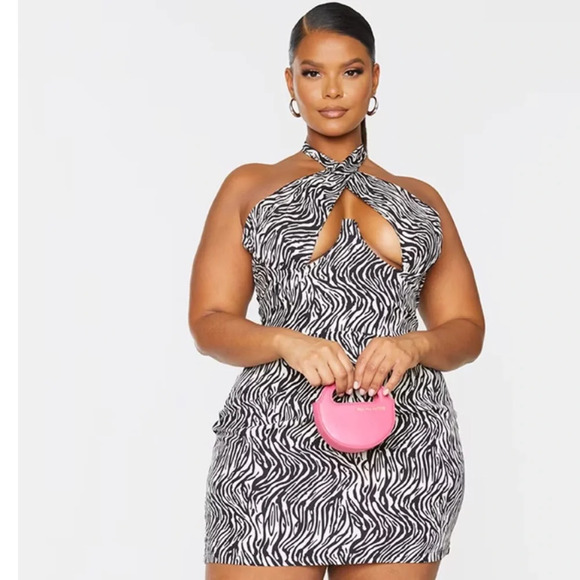 Plus Black Zebra Underwired Cross Front Bodycon Dress - Picture 2 of 8